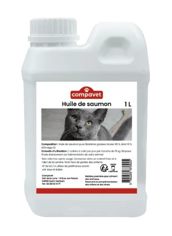 Bidon de 1 litre d'Huile de Saumon Compavet pour chiens et chats, riche en Oméga 3 pour la brillance du pelage et la santé cardio-vasculaire.