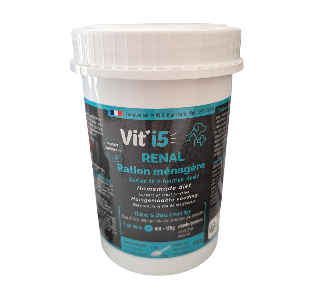 Pot noir et turquoise de 250g de Vit'i5 RENAL Ration Ménagère, complément alimentaire pour le soutien de la fonction rénale des chiens et chats.