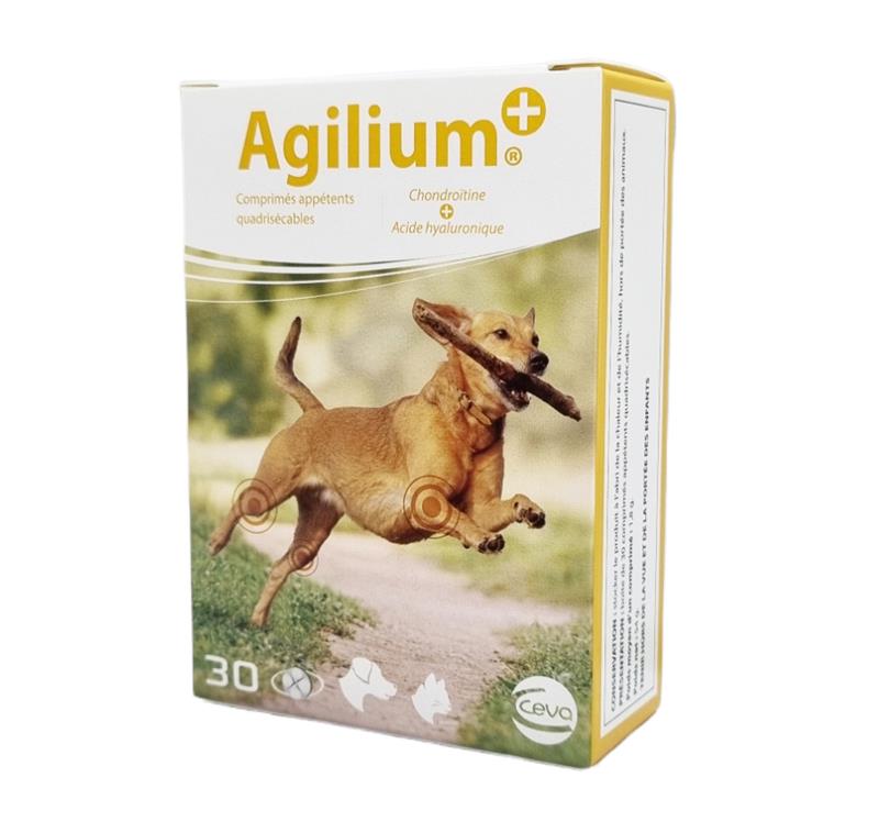 Boîte blanche et jaune d'Agilium + Ceva montrant un chien courant avec un bâton et les zones articulaires ciblées.