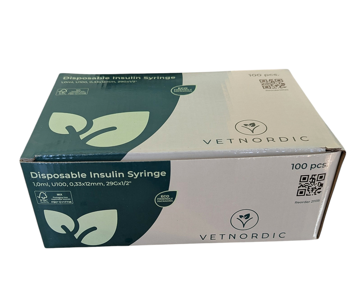 Boîte seringues insuline VetNordic 1ml U100 aiguille 29G pour chien chat diabétique.