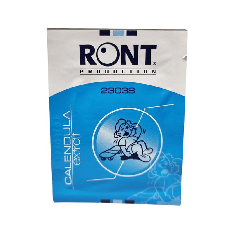 Boîte de 100 lingettes RONT Calendula sachets individuels soin coups et bosses.