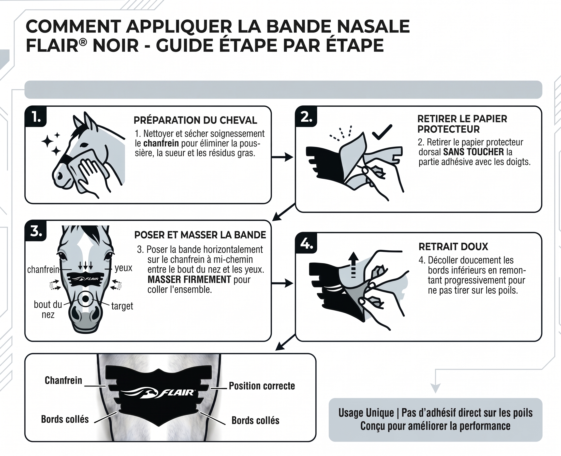 Bande nasale équine auto-adhésive noire Flair Nasal Strip pour le soutien respiratoire du cheval.
