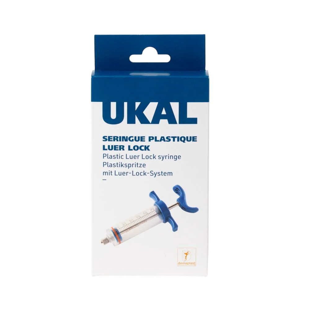 Boîte de seringue plastique UKAL PLEX de 20 ml avec système Luer Lock pour usage vétérinaire.