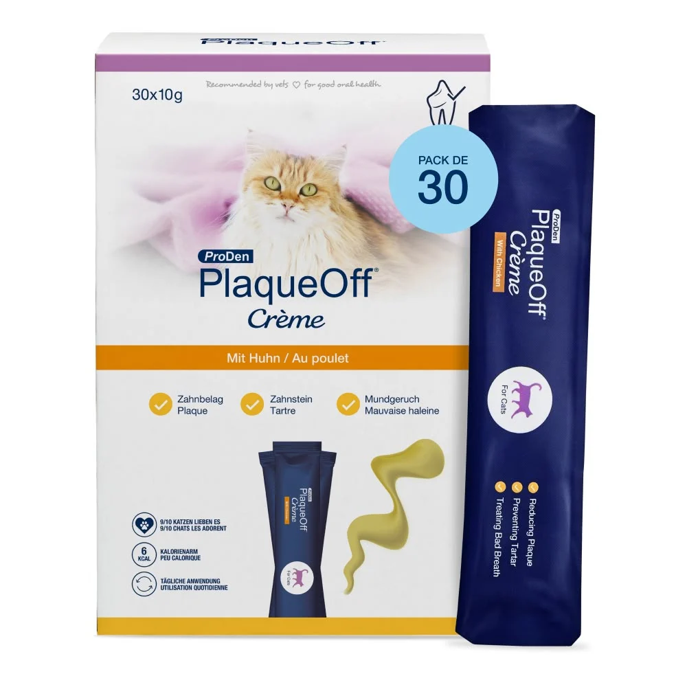 Boîte de 30 sticks ProDen PlaqueOff Crème pour chat, solution dentaire à lécher au poulet cliniquement prouvée contre le tartre et la plaque.