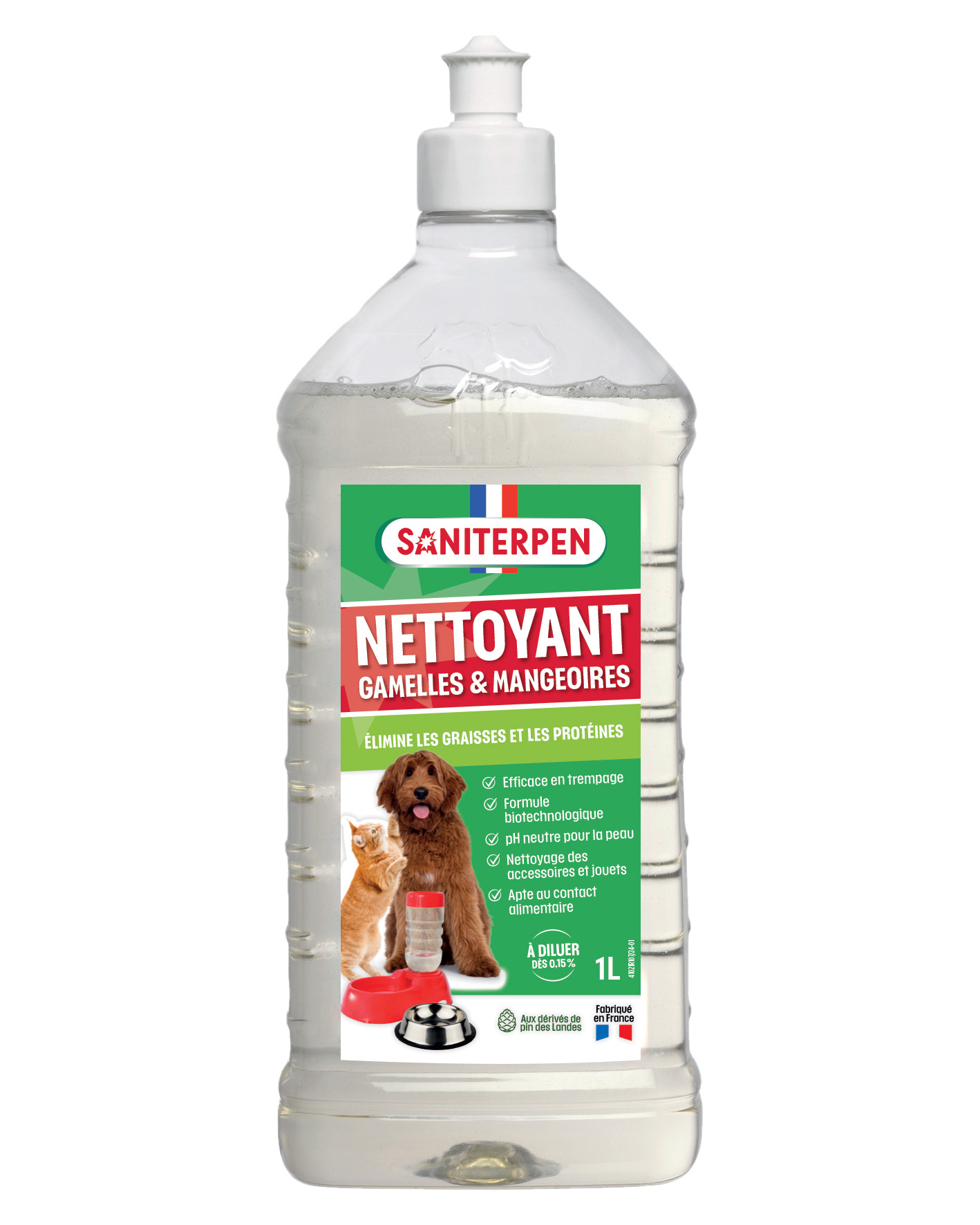 Saniterpen Nettoyant gamelles et mangeoires 1 L pour chiens, chats et animaux d’élevage