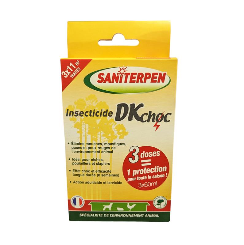 Boîte jaune d'insecticide Saniterpen DK Choc avec 3 dosettes de 60 ml pour le traitement des niches, poulaillers et clapiers.
