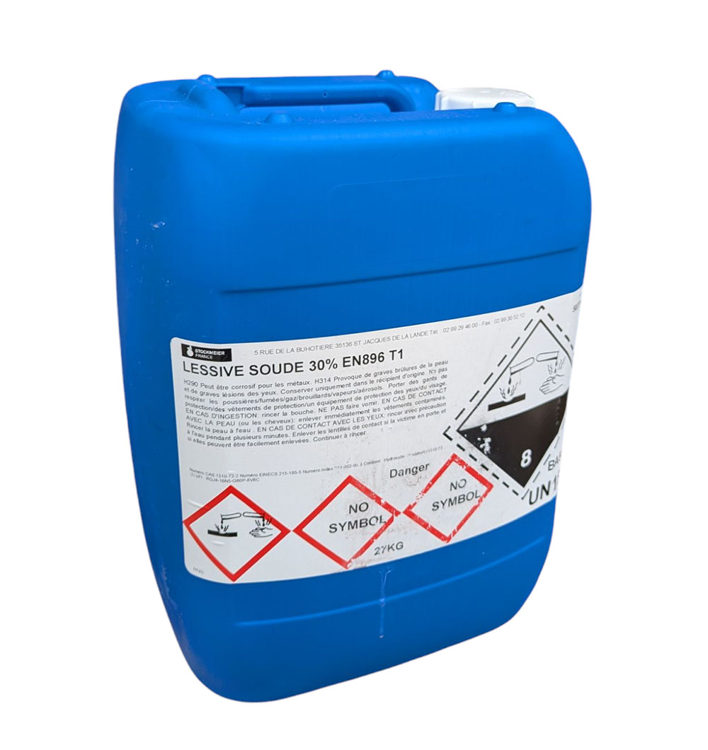 Bidon bleu de 27 kg de lessive de soude 30 % EN 896 pour la désinfection et le traitement de l'eau potable.