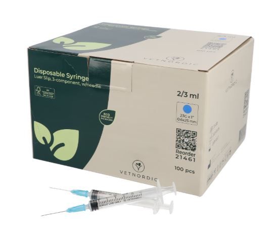 Boîte de 100 seringues montées VetNordic 3ml aiguille bleue 23G.
