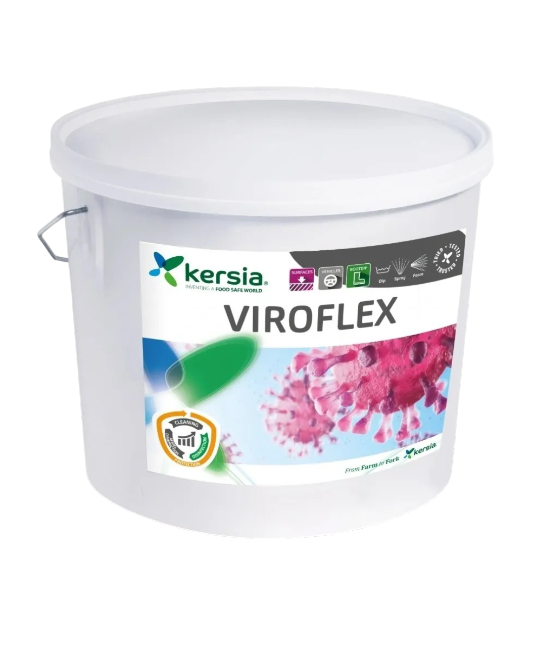 Seau de 4 kg de désinfectant Viroflex de Kilco, poudre rose pour la désinfection bactéricide et virucide des élevages.