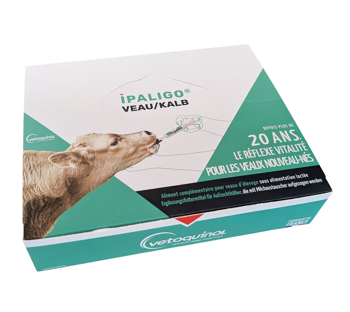 Présentoir de 16 seringues IPALIGO Veau, aliment complémentaire vitalité Vetoquinol.