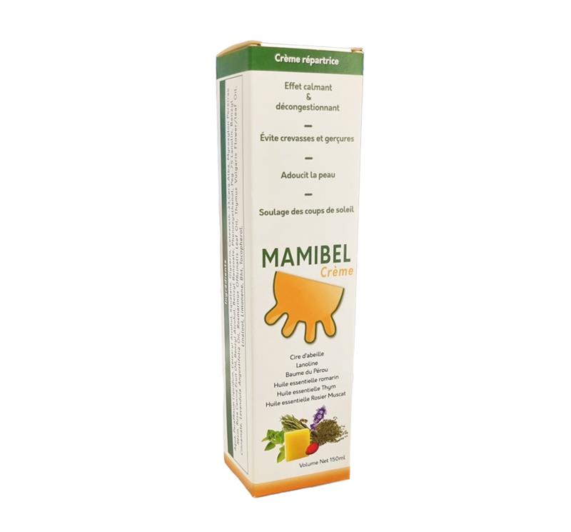 Tube de 150 ml de crème réparatrice MAMIBEL pour le soin des trayons, des crevasses et des gerçures, action antiseptique et cicatrisante.