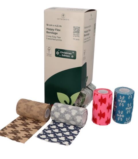 Boîte de 10 bandes cohésives Vetnordic Happy Flex Bandage Christmas Edition motifs noël pansement chien 10cm
