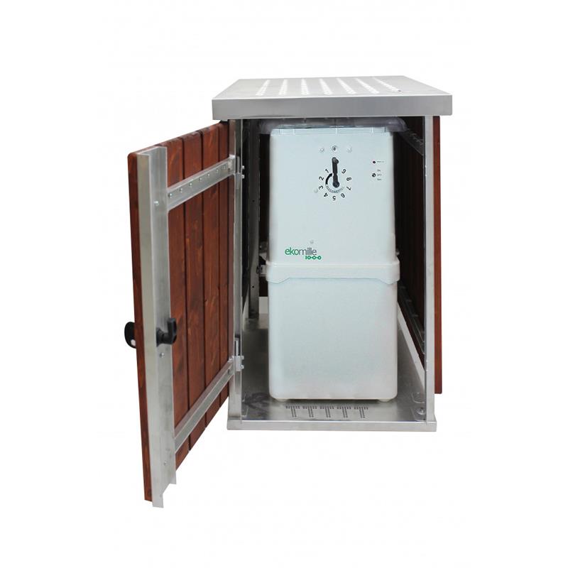 EKOPARK protection bois avec porte ouverte abritant un piège Ekomille blanc.