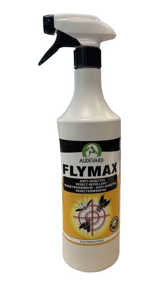 Grand flacon pulvérisateur blanc de 900 ml de protection anti-insectes Flymax Audevard pour chevaux avec pistolet noir et blanc.