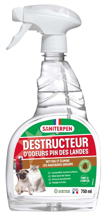 Flacon spray transparent de 750 ml de Saniterpen Destructeur d'Odeurs Pin des Landes prêt à l'emploi avec illustrations d'un ara, d'un carlin et d'un chat blanc.
