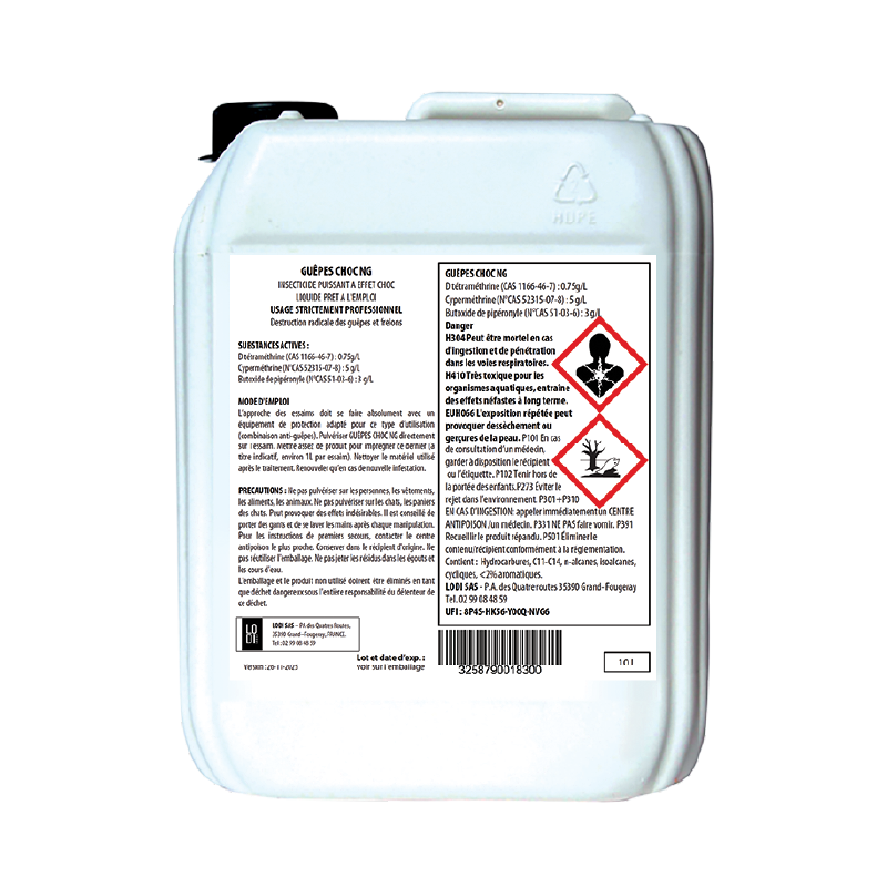 Bidon blanc de 10L de l'insecticide professionnel Guêpes Choc + par LodiGroup, prêt à l'emploi avec action choc et rémanente contre les nids de guêpes et frelons.