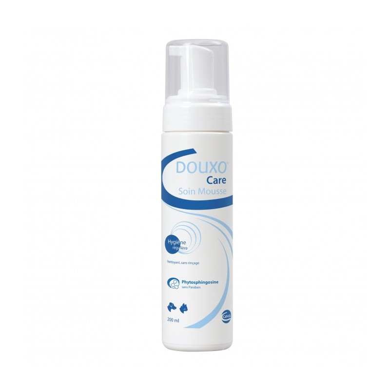Flacon Douxo Care Mousse 200ml soin nettoyant sans rinçage chien et chat phytosphingosine