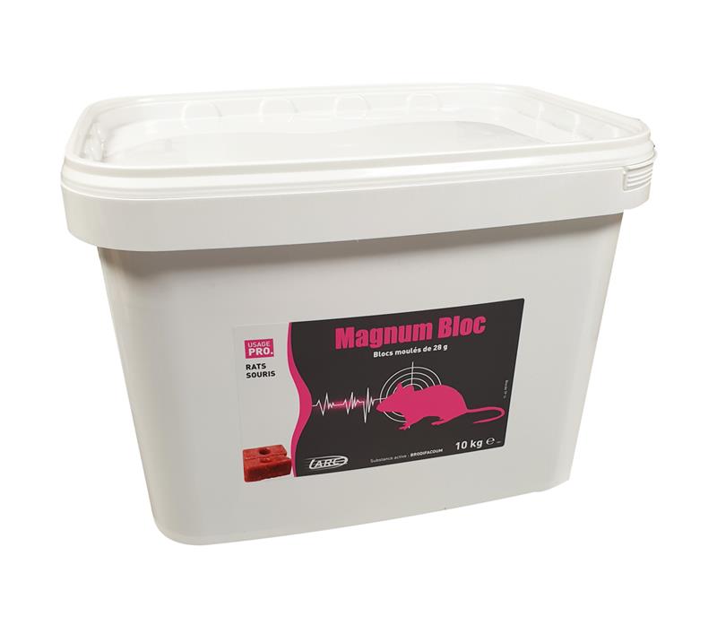 Seau blanc de 10 kg de MAGNUM BLOC Edialux, blocs moulés de 28 g au Brodifacoum pour la lutte contre les rats et souris en intérieur, extérieur et égouts.