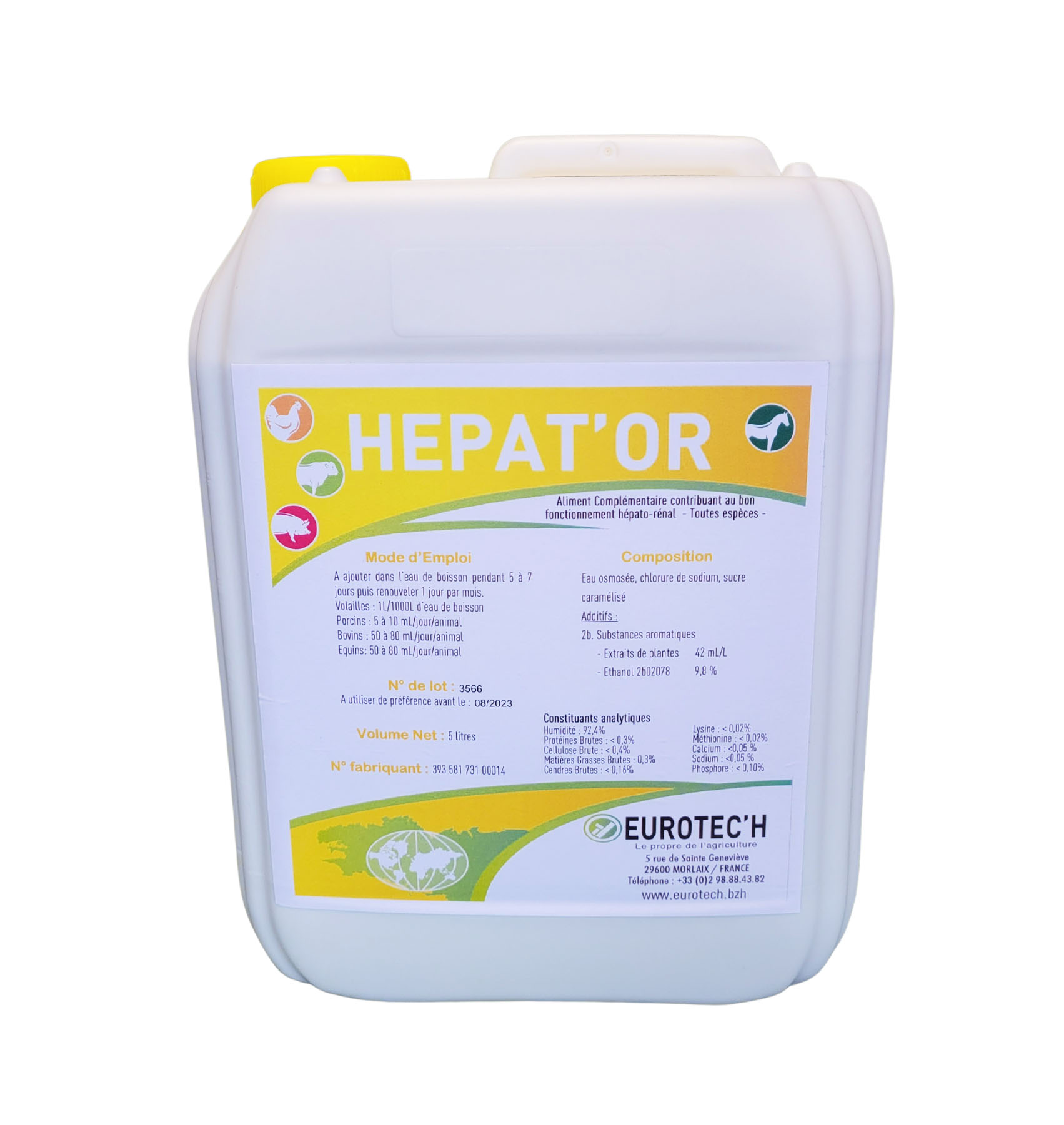 Bidon HEPAT'OR 5L aliment complémentaire hépato-rénal pour animaux.