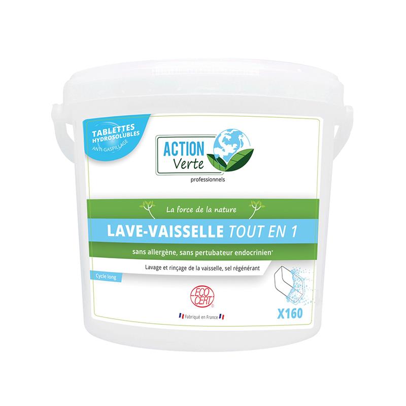 Seau Action Verte 160 tablettes lave-vaisselle tout en 1 cycle long ecocert sans allergène.
