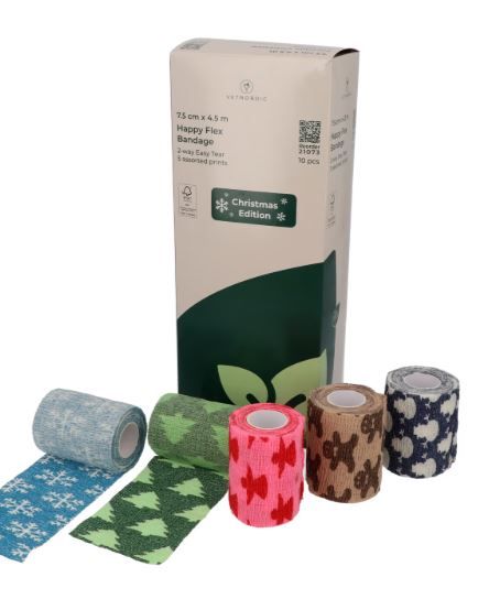 Boîte de 10 bandes cohésives Vetnordic Happy Flex Bandage 7,5cm motifs noël sapin flocon pansement chien chat