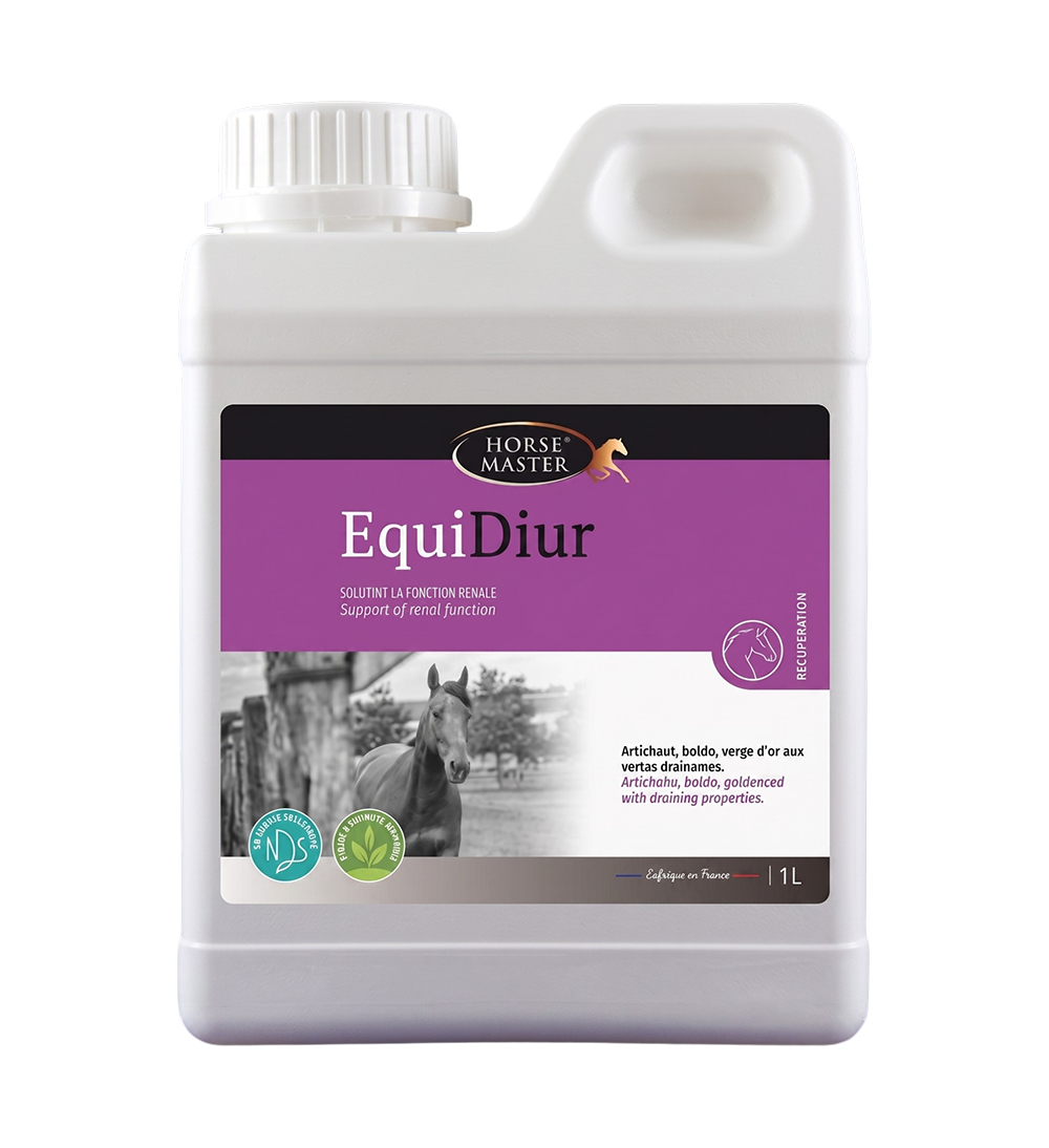 Flacon blanc de 1 Litre de drainant hépato-rénal EquiDiur Horse Master pour cheval.