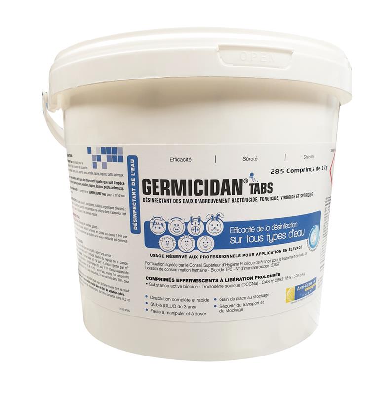 Seau de 285 comprimés désinfectants Germicidan Tabs pour la purification et la désinfection des eaux d'abreuvement en élevage, action bactéricide et virucide.