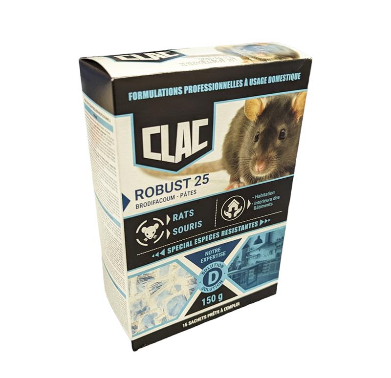 Boîte de rodenticide Clac ROBUST 25 contenant 10 sachets de 15 g de pâtes moelleuses au brodifacoum pour éliminer rats et souris résistants.