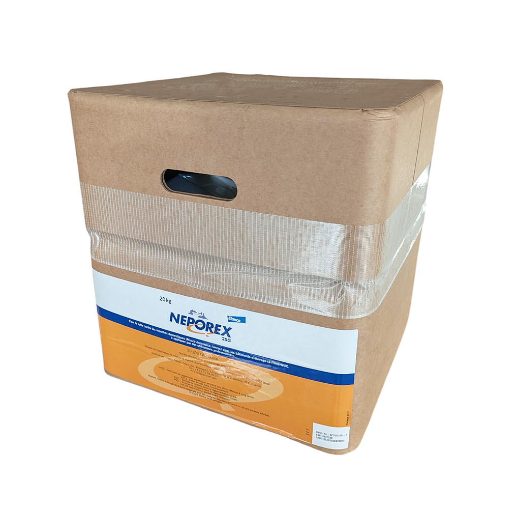 Sac de 20 kg de NEPOREX 2 SG, larvicide pour le traitement du fumier et du lisier dans les bâtiments d'élevage.