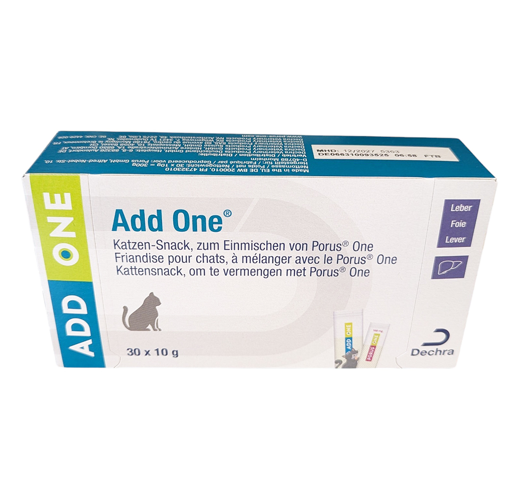 Boîte blanche et verte de friandises Add One pour chats à la saveur foie, contenant 30 sachets de 10g pour faciliter la prise de compléments comme le Porus One.