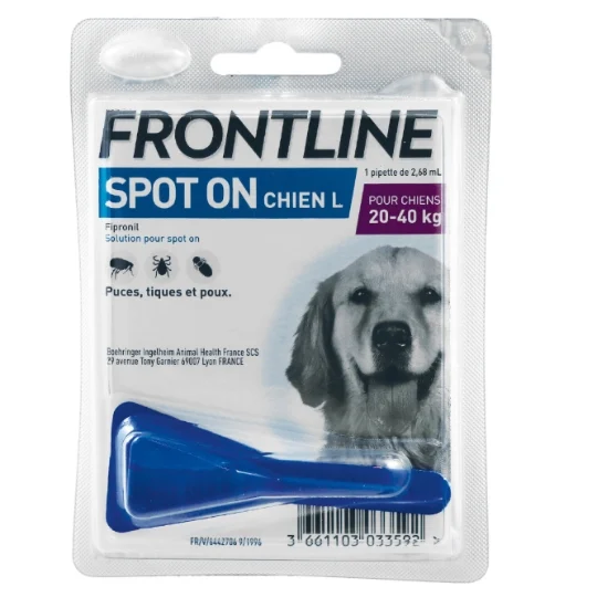 Blister d'une pipette bleue Frontline Spot On Chien L pour grand chien de 20 à 40 kg contre les puces et tiques.