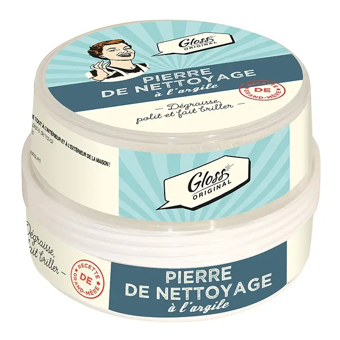 Boîte de Pierre de Nettoyage à l'Argile Gloss Original 300g avec éponge, dégraisse, polit et fait briller toutes les surfaces.