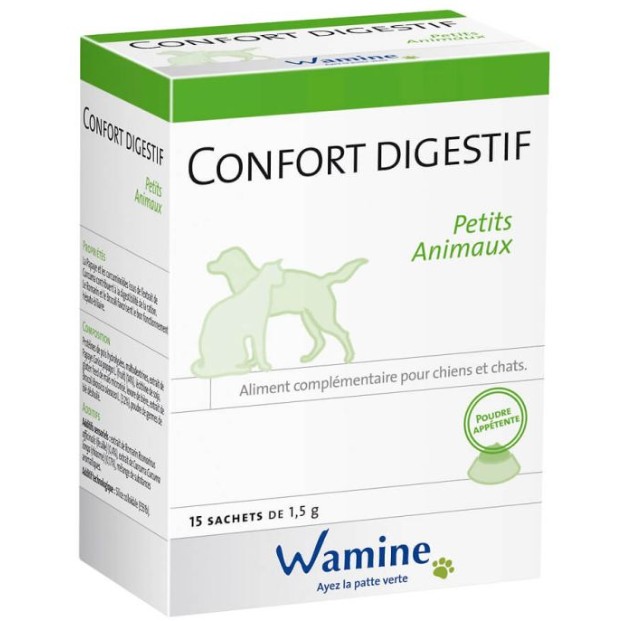 Boîte Wamine Confort Digestif 15 sachets pour chiens et chats, poudre de soutien de la digestion et du transit