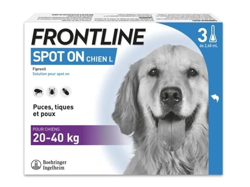 Boîte blanche et bleue de Frontline Spot On Chien L contenant 3 pipettes de traitement anti-puces et anti-tiques pour grand chien de 20 à 40 kg.