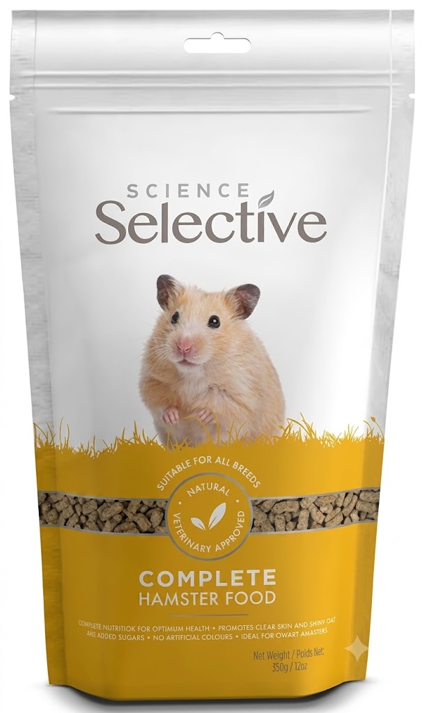Packaging d'extrudés Supreme Science Selective Hamster avec visuel de hamster doré.