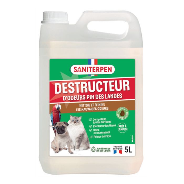 Grand bidon blanc de 5 Litres de Saniterpen Destructeur d'Odeurs au parfum de pin des Landes pour sols et tissus avec illustrations d'un ara, d'un carlin et d'un chat.