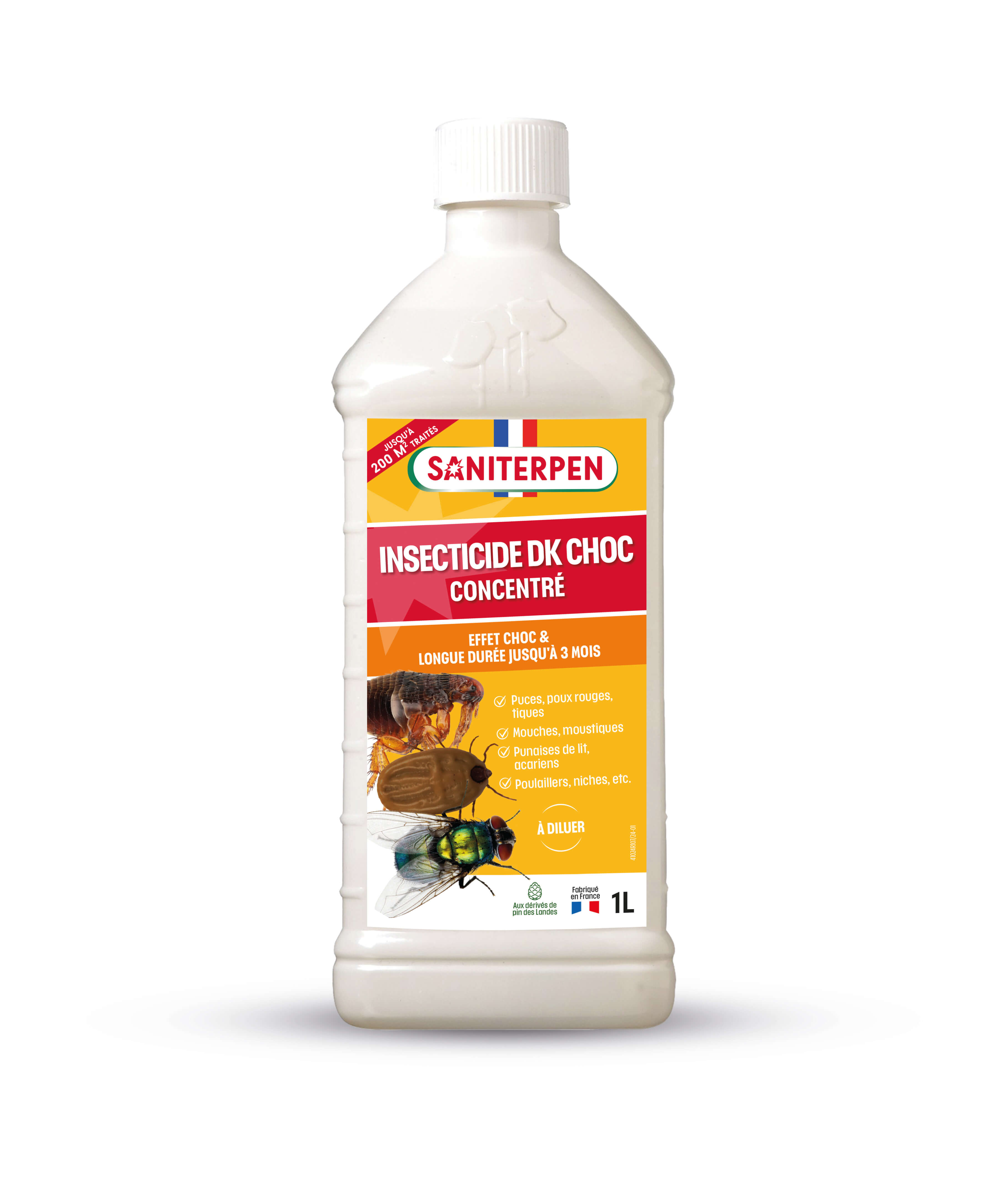 Flacon blanc de 1 Litre de Saniterpen Insecticide DK Choc concentré avec étiquette jaune et illustrations de puce, pou rouge et mouche.