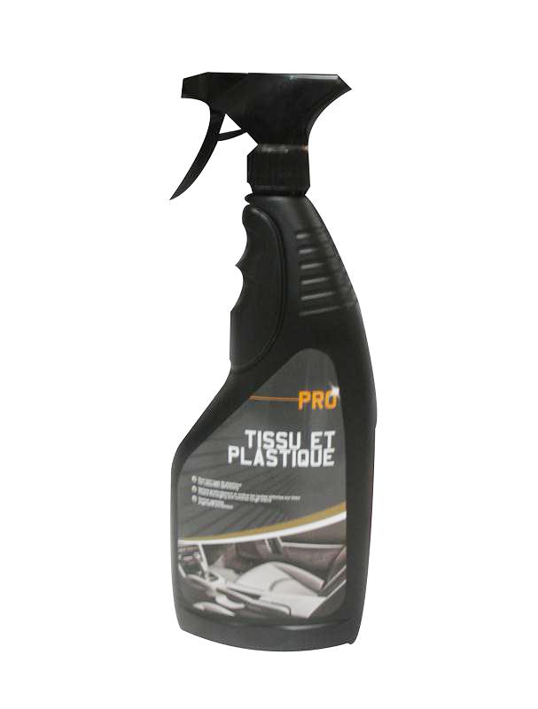 Flacon pulvérisateur noir de 750 ml PRO TISSU ET PLASTIQUE, nettoyant polyvalent antistatique pour textiles et plastiques intérieurs de voiture.