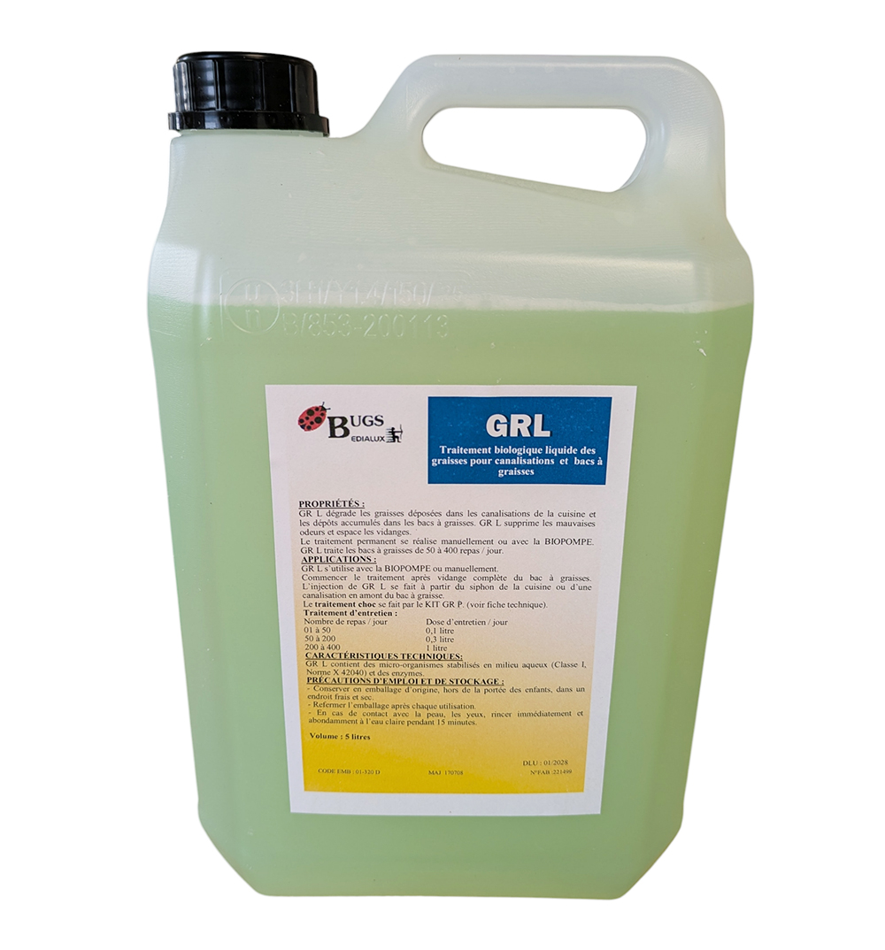 Bidon de 5L de GR L Biopura, solution biologique liquide verte pour le traitement des bacs à graisses et des canalisations de cuisine.