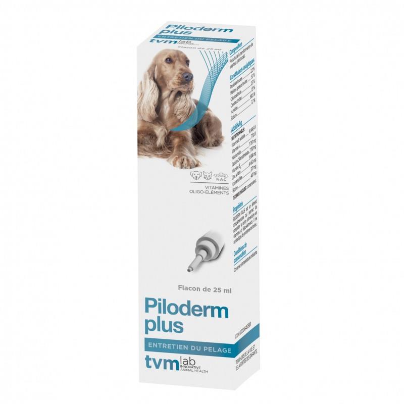 Flacon Piloderm Plus 25 ml TVM pour l'entretien du pelage des chiens, chats et NAC.