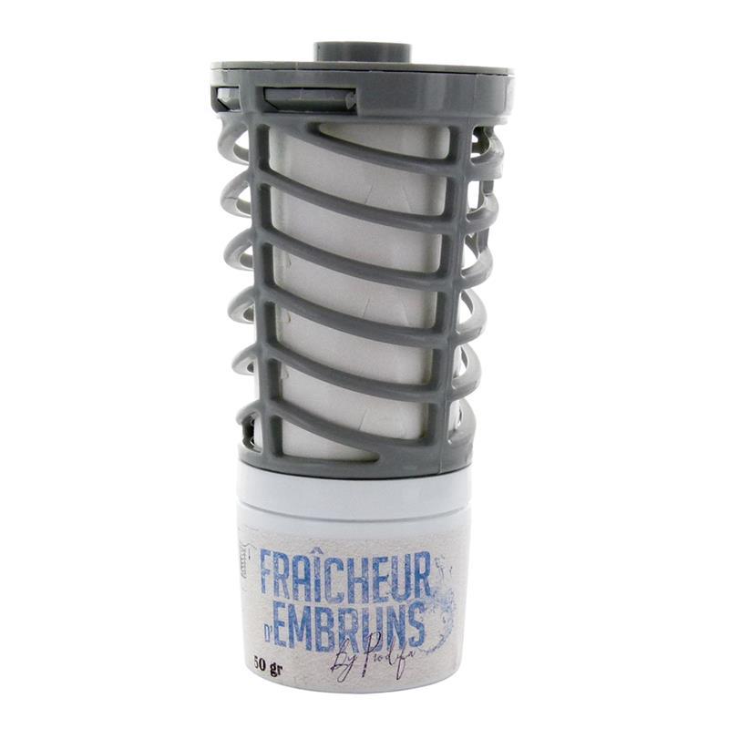 Recharge de parfum Prowind Fraîcheur d'Embruns par Prodifa, diffuseur de 50g à structure grise ajourée libérant des notes marines et boisées.