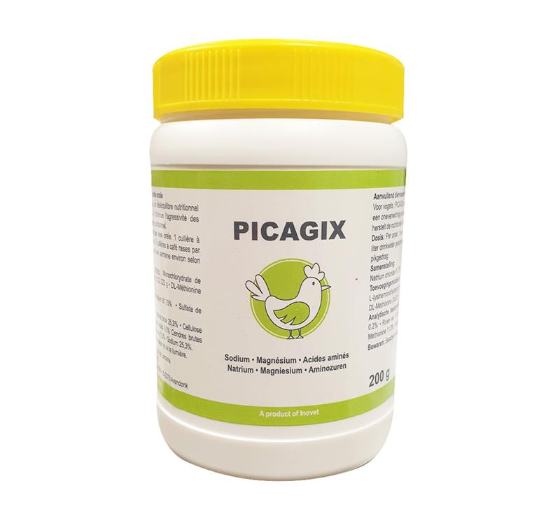 Pot blanc de 200 g de PICAGIX avec couvercle jaune, supplément nutritionnel pour volailles et gibier avec une illustration de poule sur fond vert.
