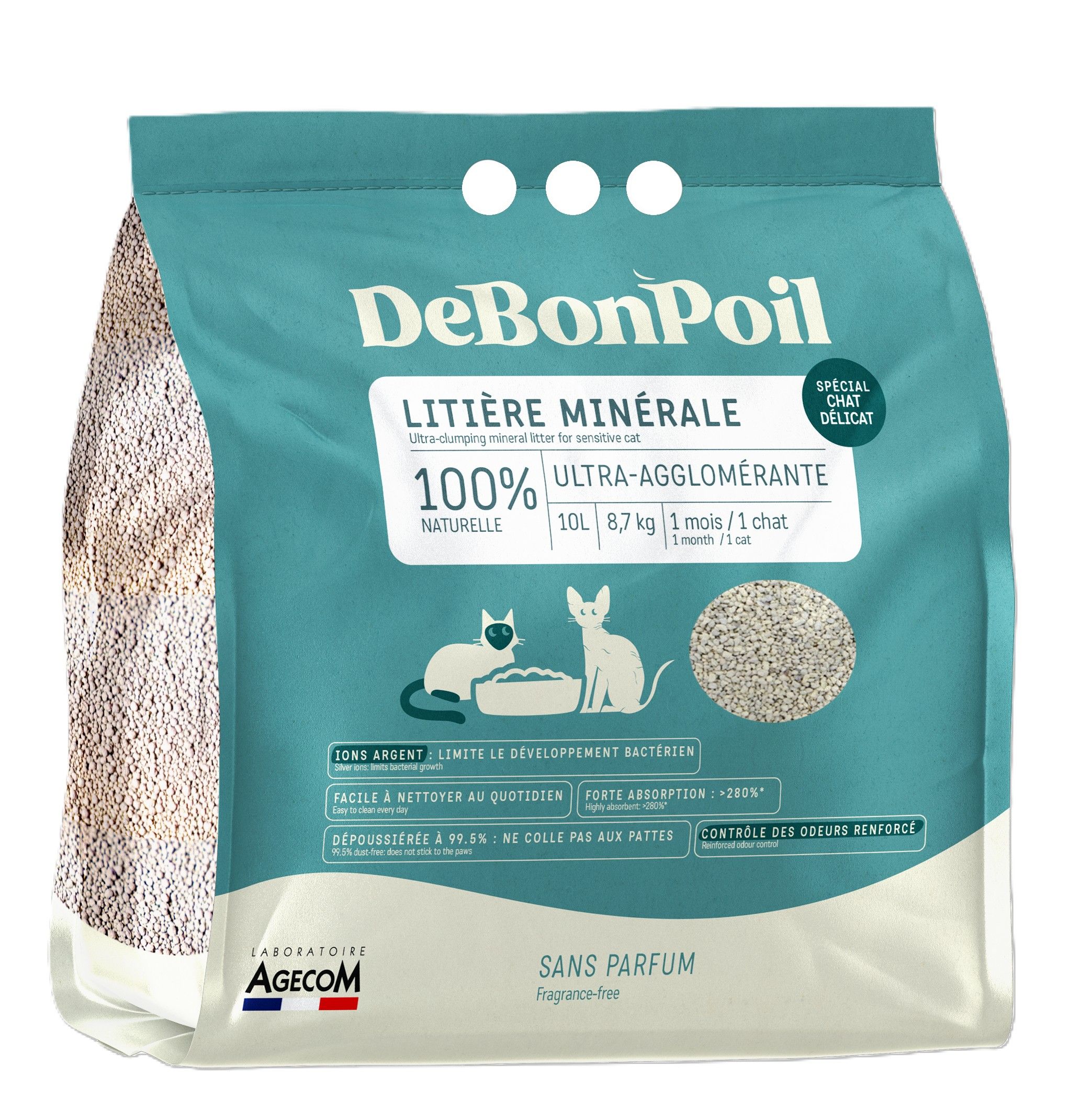 Sac de 10L de litière minérale ultra-agglomérante DeBonPoil pour chat sensible sans parfum.