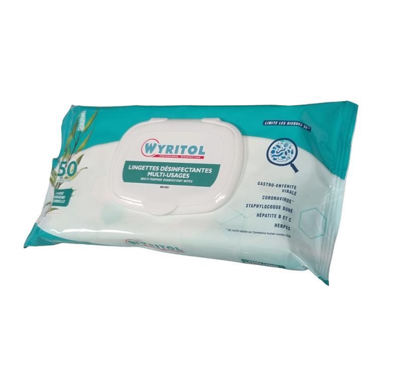 Étui souple blanc de 50 lingettes désinfectantes WYRITOL multi-usages, mentionnant l'élimination de 99,9% des bactéries et virus et l'efficacité sur le Coronavirus.