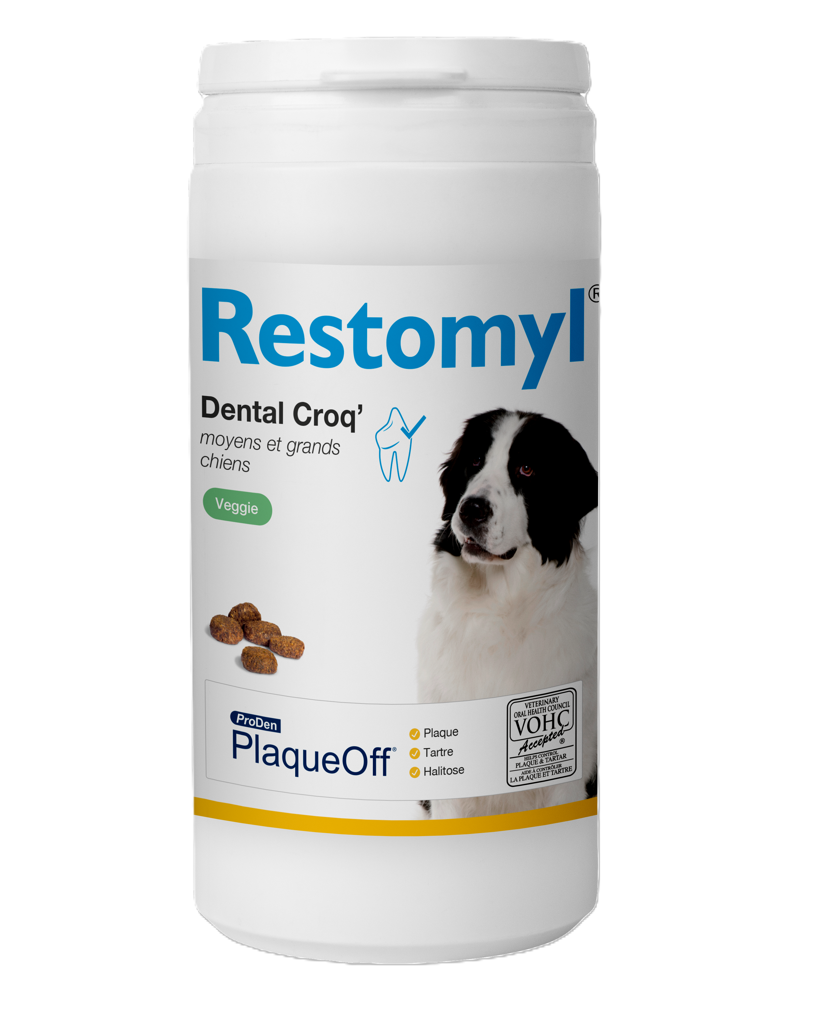Flacon de 150g de croquettes bucco-dentaires Restomyl PlaqueOff Dental Croq Veggie pour moyen et grand chien.