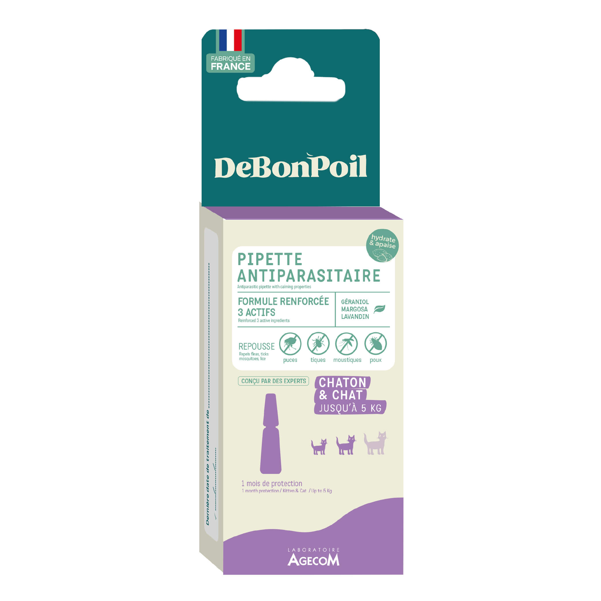 Boîte cartonnée blanche, verte et violette de Pipette Antiparasitaire Chaton et Chat jusqu'à 5kg DeBonPoil fabriquée en France.