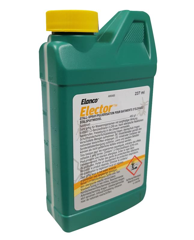 Flacon de 237ml ELECTOR Elanco insecticide pour bâtiments d'élevage avicoles et porcins.