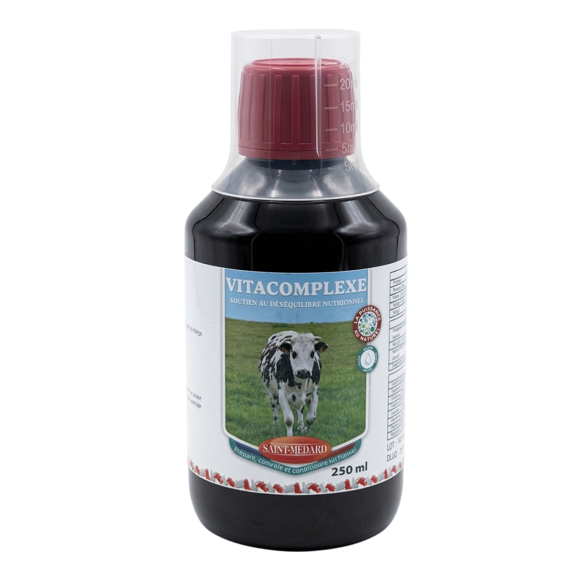 Flacon Vitacomplex 250 ml, complément vitaminé multi-espèces pour volailles, bovins, ovins, caprins, veaux, chevaux et lapins.