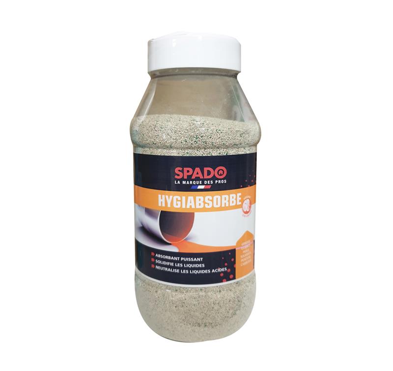Flacon de 1 litre de SPADO HYGIABSORBE, absorbant puissant pour liquides et déjections, indicateur coloré et parfum eucalyptus.