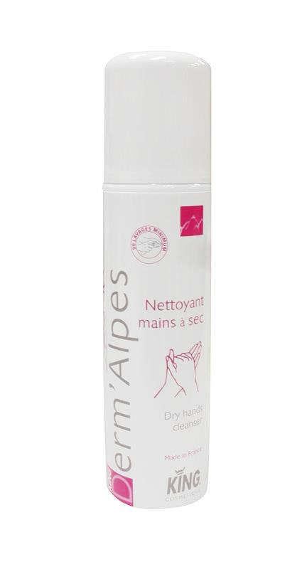 Aérosol blanc de 150 ml de mousse nettoyante mains à sec Derm'Alpes par King, fabriquée en France, permettant 90 lavages sans eau.